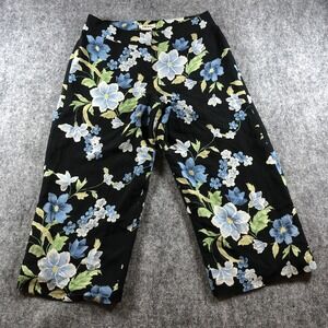 Tommy Bahama Pants Womens 8 Black Blue Floral‎ Silk Cropped Wide Leg Trousers
